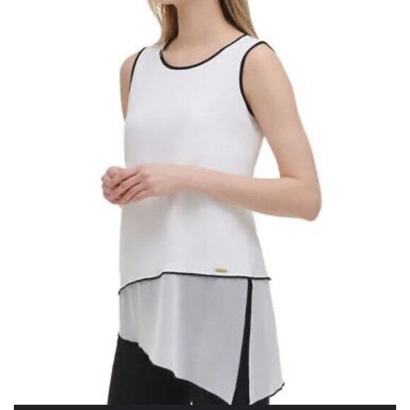 Calvin Klein NWT Assymetrical White Black Sleeveless Chiffon Blouse Size Medium - Picture 1 of 16